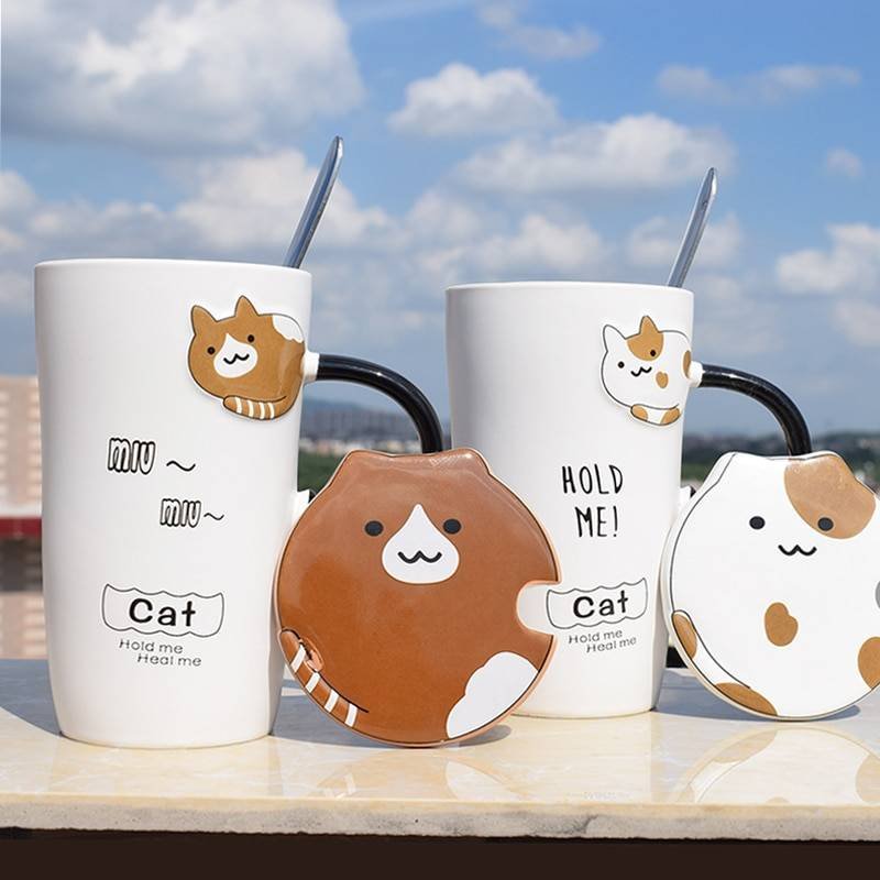 Cute Cat Ceramics Coffee Mug With Lid Large Capacity Animal Mugs creative Drinkware Coffee Tea Cups Novelty Gifts milk cup Home & Garden Color : A|B|C|D 