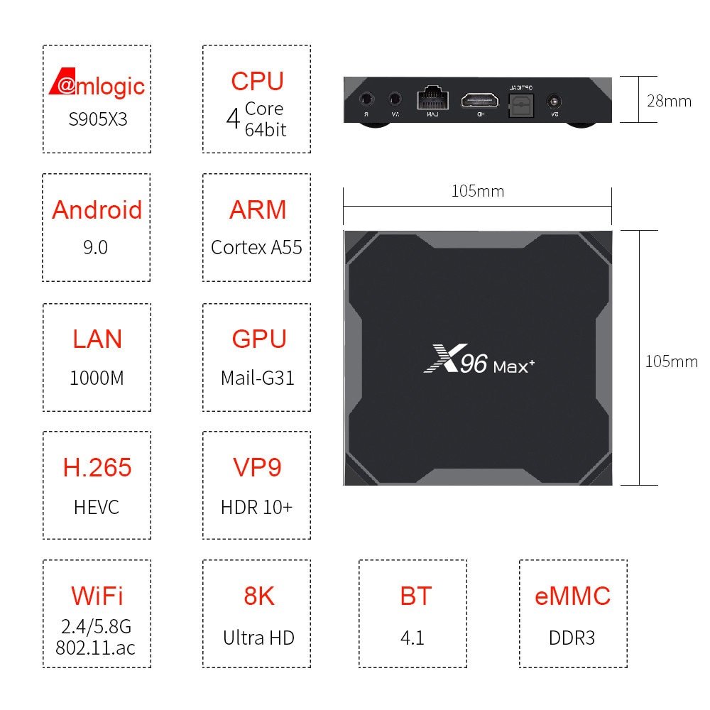 Originele X96 Max Plus Android 9.0 Tv Box Amlogic S905X3 Quad Core 4Gb 64Gb 32Gb 8K wifi 4K X96Max + Smart Media Player 2Gb 16Gb
