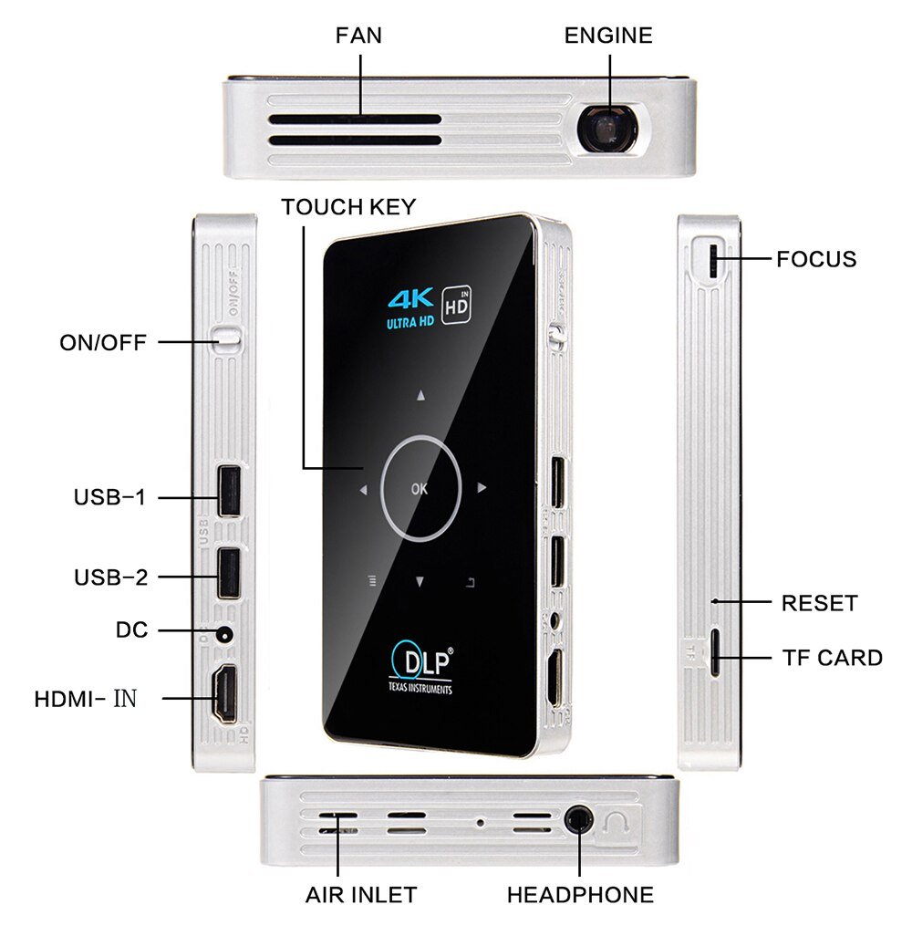 Alston C6 Mini 4K Dlp Android 9.0 Projector Wifi Bluetooth 4.0 Draagbare Outdoor Movie Video Home Cinema Ondersteuning Miracast airplay