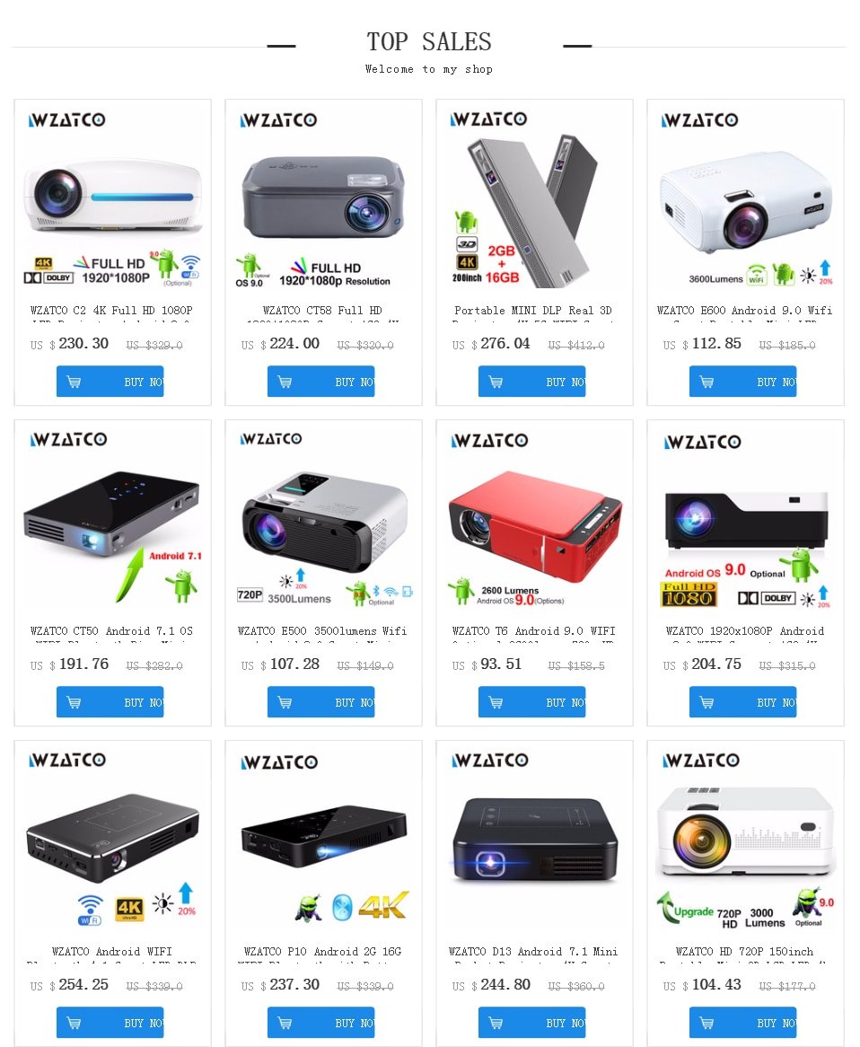 Wzatco C2 4K Full Hd 1080P Led Projector Android 10 Wifi Smart Home Theater AC3 200Inch Video proyector Met 4D Digitale Keyston