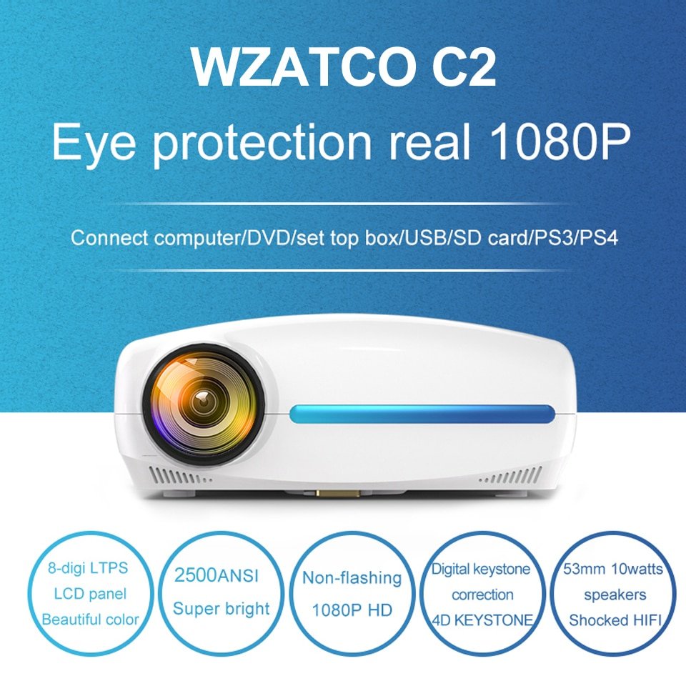 Wzatco C2 4K Full Hd 1080P Led Projector Android 10 Wifi Smart Home Theater AC3 200Inch Video proyector Met 4D Digitale Keyston