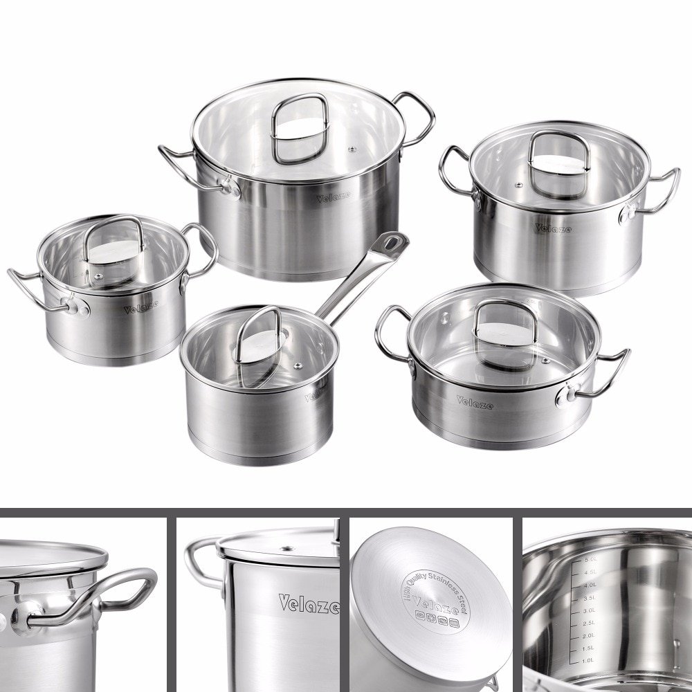 Velaze Kitchen Cookware Set 9 Piece Stainless Steel Cooking Pot & Pan Sets, Induction Safe, Saucepan, Casserole,with Glass lid