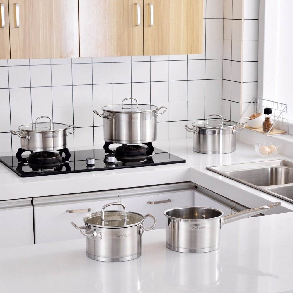 Velaze Kitchen Cookware Set 9 Piece Stainless Steel Cooking Pot & Pan Sets, Induction Safe, Saucepan, Casserole,with Glass lid