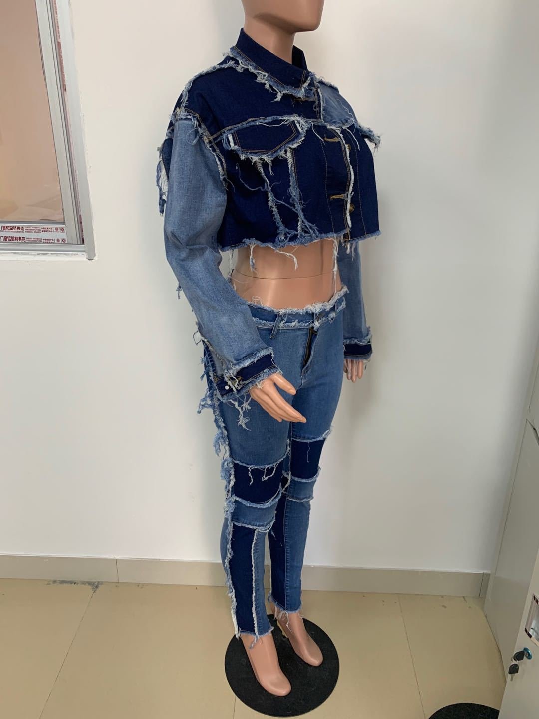 CM.YAYA Active Wear Women Denim Patchwork Jackets Jeans Pants Suit Tracksuit Two Piece Matching Set Fitness Outfits