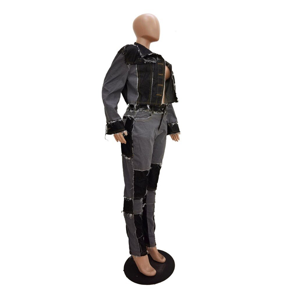 CM.YAYA Active Wear Women Denim Patchwork Jackets Jeans Pants Suit Tracksuit Two Piece Matching Set Fitness Outfits