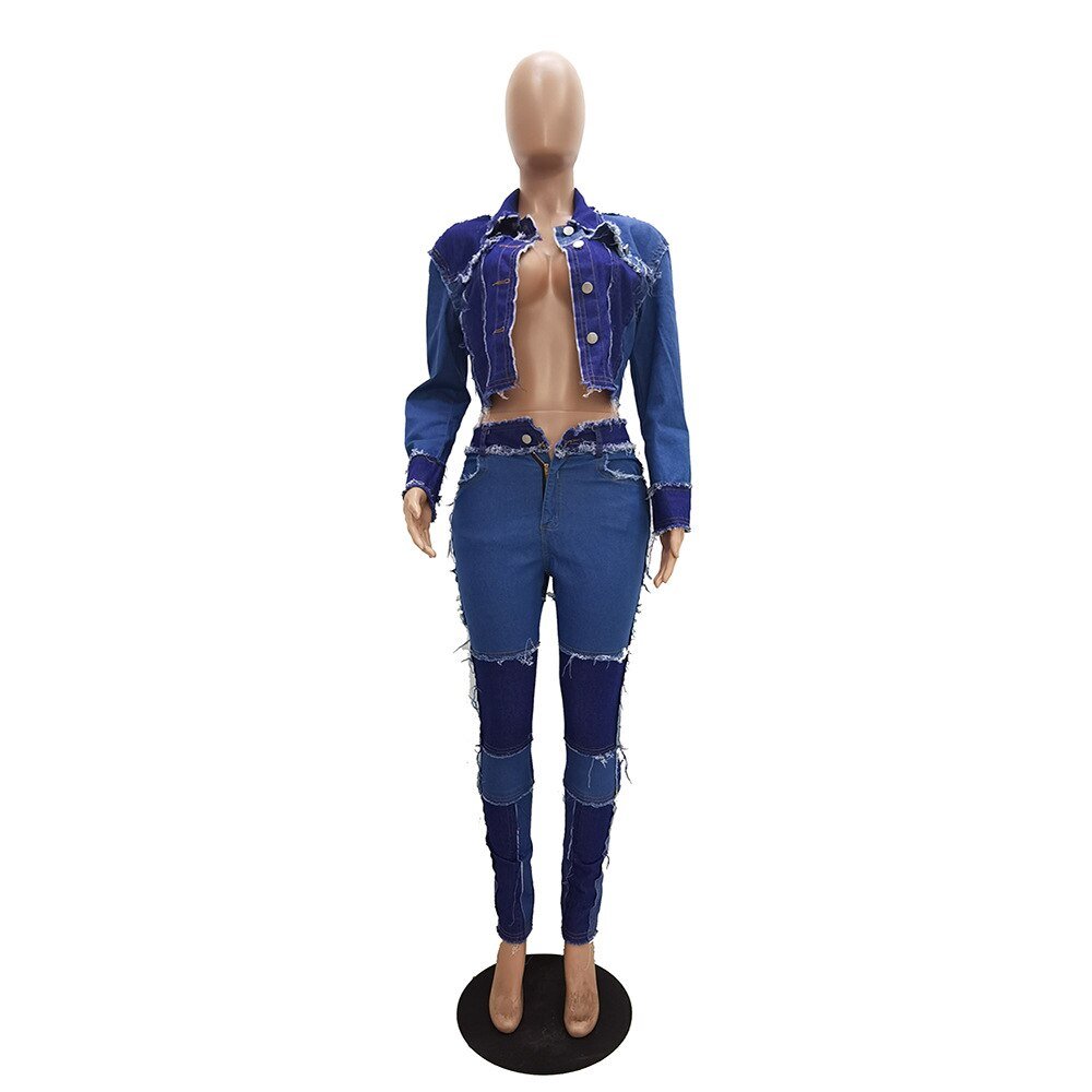 CM.YAYA Active Wear Women Denim Patchwork Jackets Jeans Pants Suit Tracksuit Two Piece Matching Set Fitness Outfits