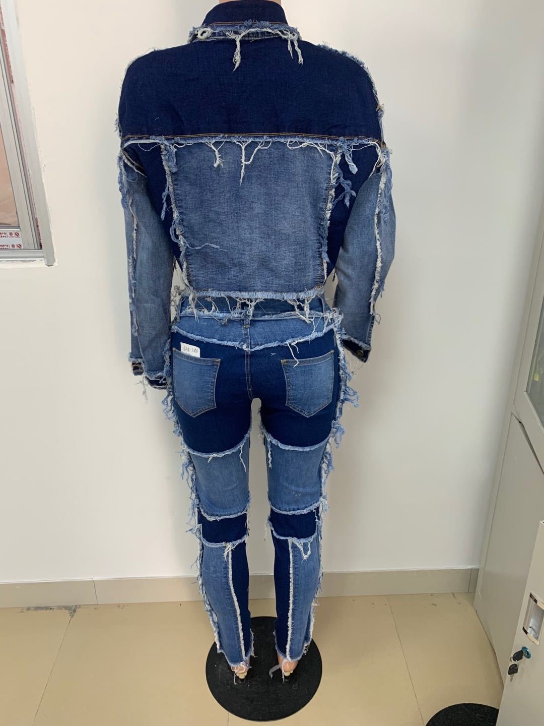 CM.YAYA Active Wear Women Denim Patchwork Jackets Jeans Pants Suit Tracksuit Two Piece Matching Set Fitness Outfits
