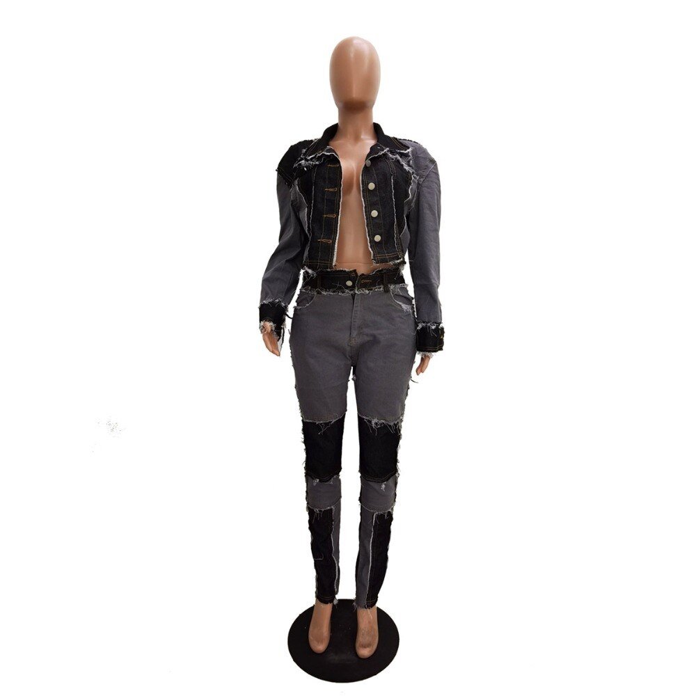 CM.YAYA Active Wear Women Denim Patchwork Jackets Jeans Pants Suit Tracksuit Two Piece Matching Set Fitness Outfits