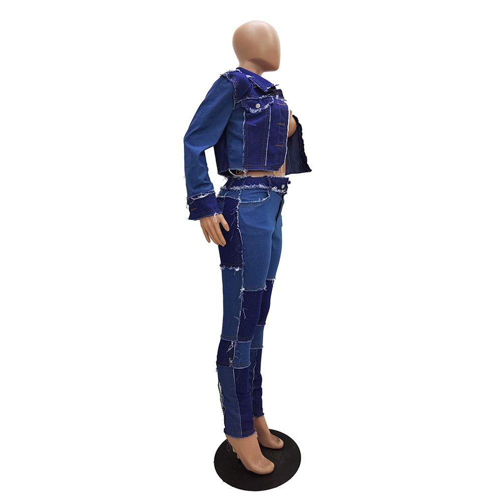 CM.YAYA Active Wear Women Denim Patchwork Jackets Jeans Pants Suit Tracksuit Two Piece Matching Set Fitness Outfits