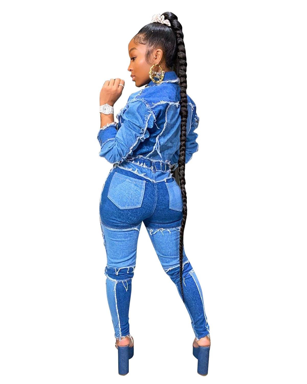 CM.YAYA Active Wear Women Denim Patchwork Jackets Jeans Pants Suit Tracksuit Two Piece Matching Set Fitness Outfits