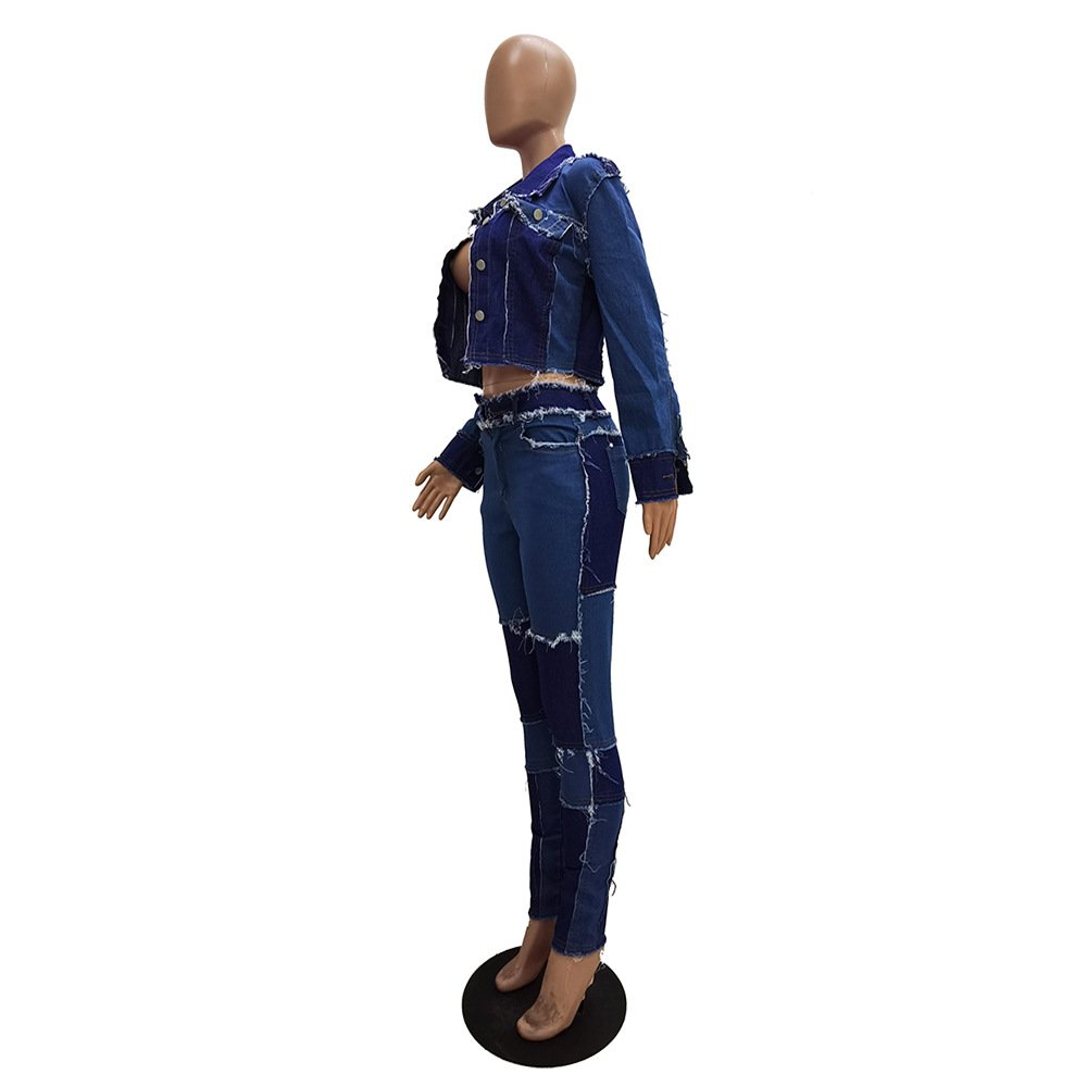 CM.YAYA Active Wear Women Denim Patchwork Jackets Jeans Pants Suit Tracksuit Two Piece Matching Set Fitness Outfits