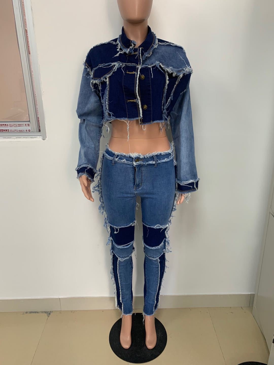 CM.YAYA Active Wear Women Denim Patchwork Jackets Jeans Pants Suit Tracksuit Two Piece Matching Set Fitness Outfits