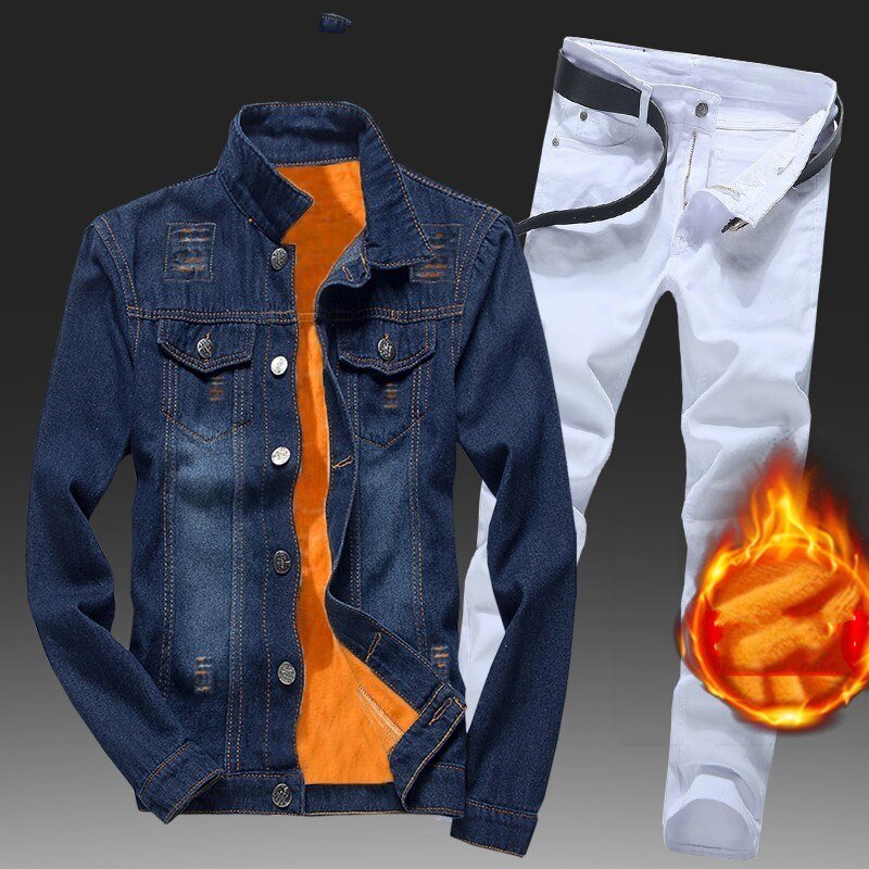 Winter Men Fleece Lining Thick Warm Denim Two Piece Slim Fit Cowbody Jacket Jeans Suit Safari Style Cargo Pants Matching Set