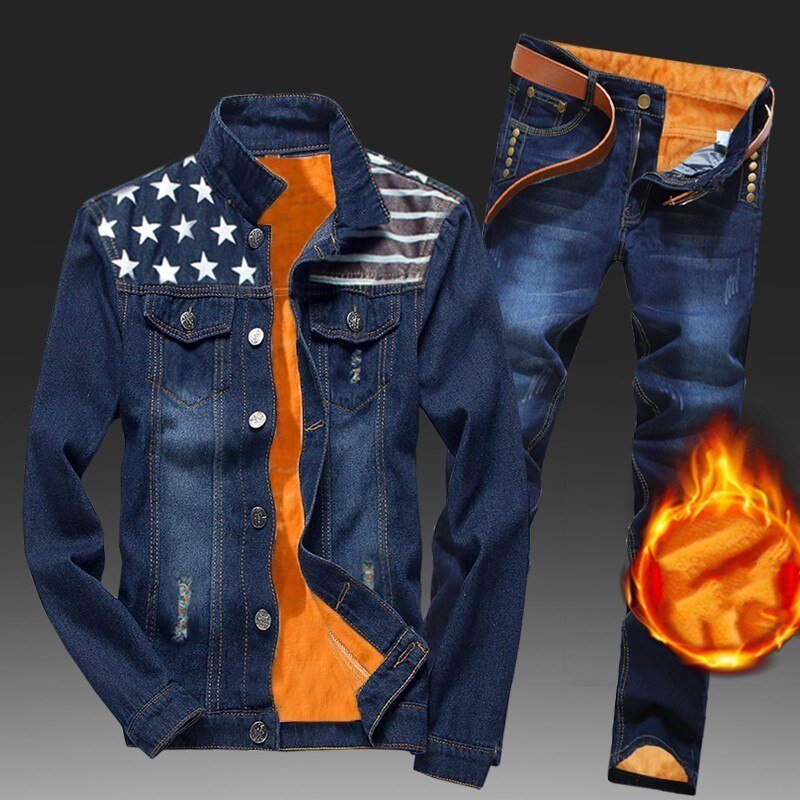 Winter Men Fleece Lining Thick Warm Denim Two Piece Slim Fit Cowbody Jacket Jeans Suit Safari Style Cargo Pants Matching Set
