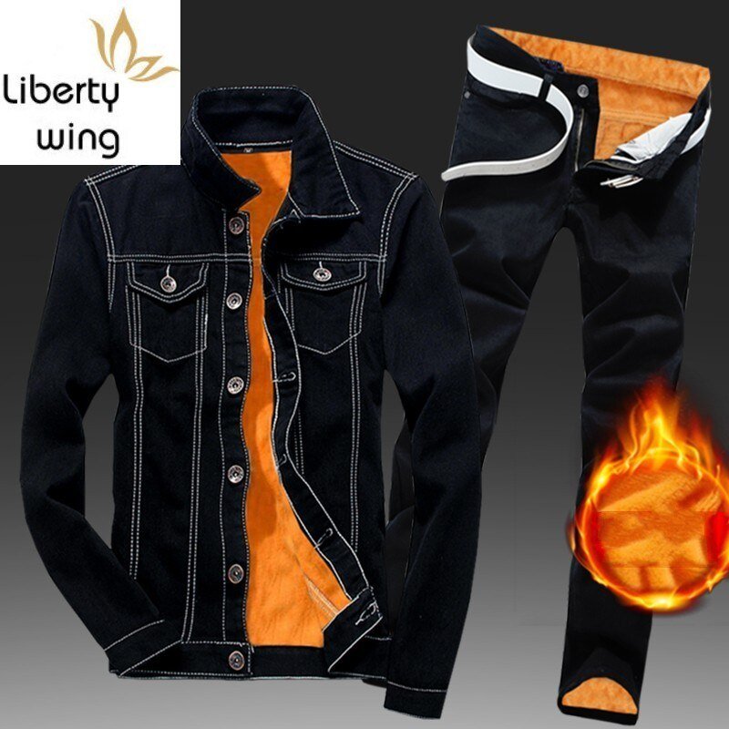 Winter Men Fleece Lining Thick Warm Denim Two Piece Slim Fit Cowbody Jacket Jeans Suit Safari Style Cargo Pants Matching Set