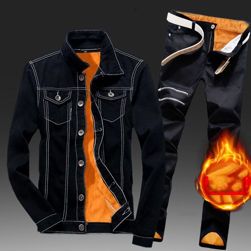 Winter Men Fleece Lining Thick Warm Denim Two Piece Slim Fit Cowbody Jacket Jeans Suit Safari Style Cargo Pants Matching Set