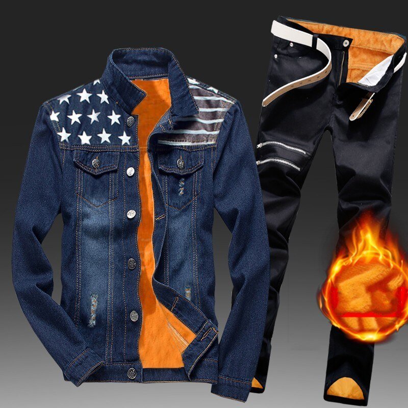 Winter Men Fleece Lining Thick Warm Denim Two Piece Slim Fit Cowbody Jacket Jeans Suit Safari Style Cargo Pants Matching Set
