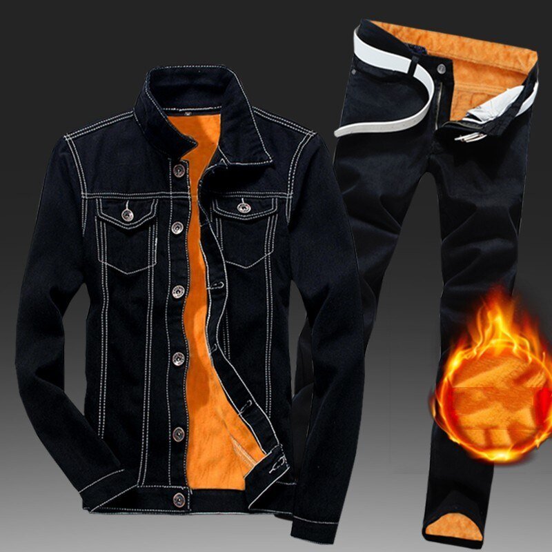 Winter Men Fleece Lining Thick Warm Denim Two Piece Slim Fit Cowbody Jacket Jeans Suit Safari Style Cargo Pants Matching Set