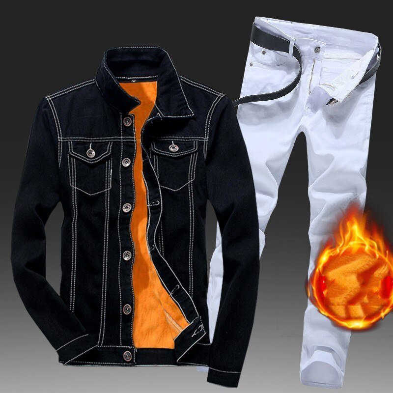 Winter Men Fleece Lining Thick Warm Denim Two Piece Slim Fit Cowbody Jacket Jeans Suit Safari Style Cargo Pants Matching Set
