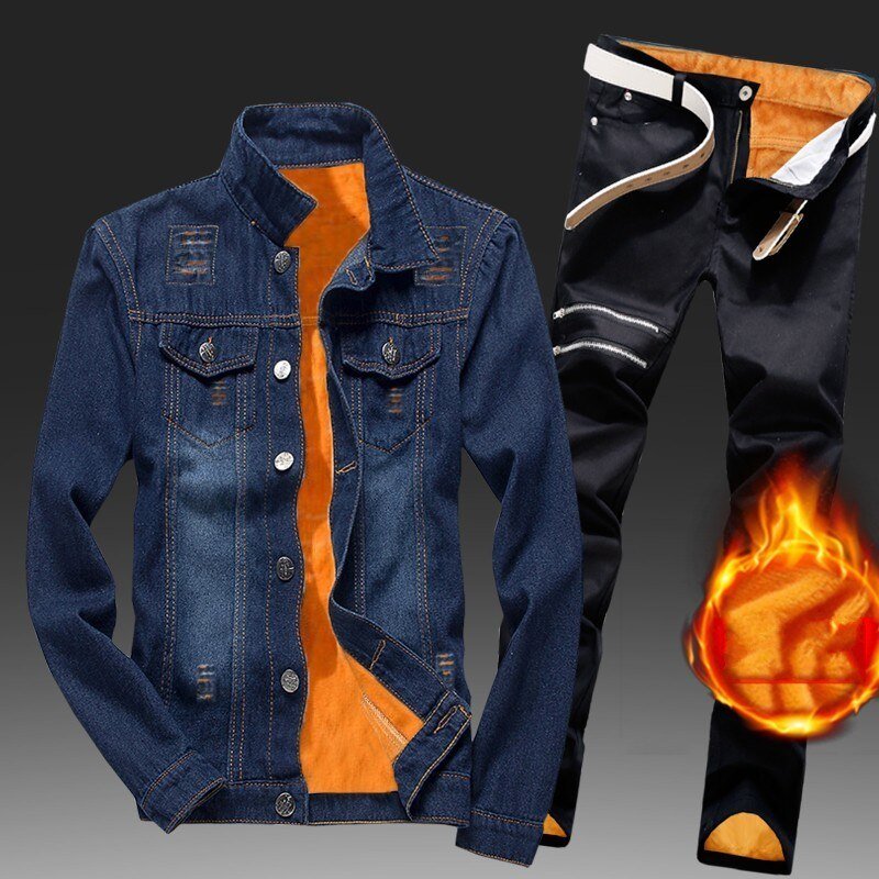 Winter Men Fleece Lining Thick Warm Denim Two Piece Slim Fit Cowbody Jacket Jeans Suit Safari Style Cargo Pants Matching Set
