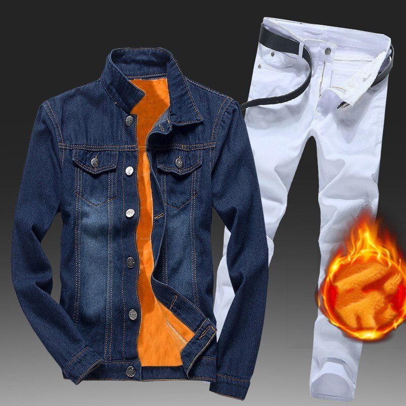 Winter Men Fleece Lining Thick Warm Denim Two Piece Slim Fit Cowbody Jacket Jeans Suit Safari Style Cargo Pants Matching Set