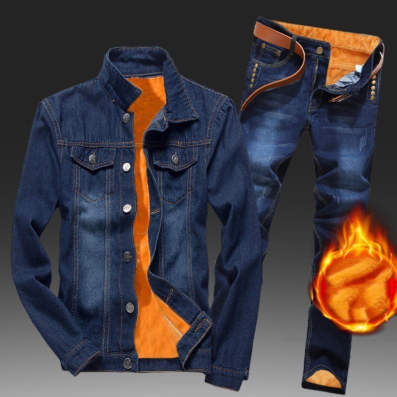 Winter Men Fleece Lining Thick Warm Denim Two Piece Slim Fit Cowbody Jacket Jeans Suit Safari Style Cargo Pants Matching Set