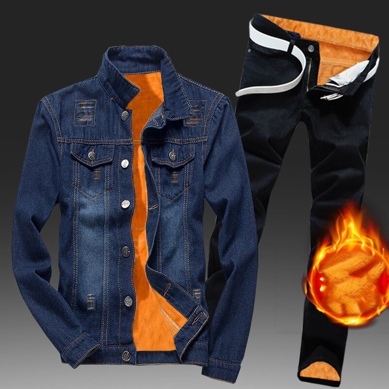 Winter Men Fleece Lining Thick Warm Denim Two Piece Slim Fit Cowbody Jacket Jeans Suit Safari Style Cargo Pants Matching Set