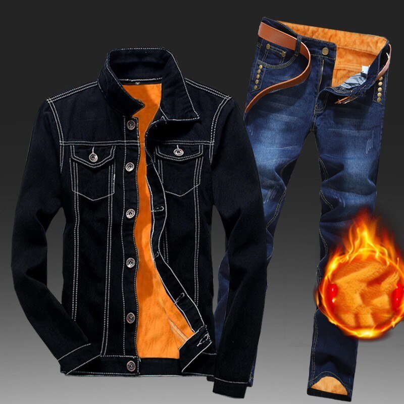 Winter Men Fleece Lining Thick Warm Denim Two Piece Slim Fit Cowbody Jacket Jeans Suit Safari Style Cargo Pants Matching Set