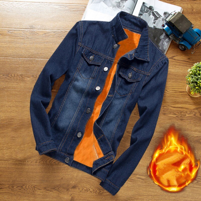 Winter Men Fleece Lining Thick Warm Denim Two Piece Slim Fit Cowbody Jacket Jeans Suit Safari Style Cargo Pants Matching Set