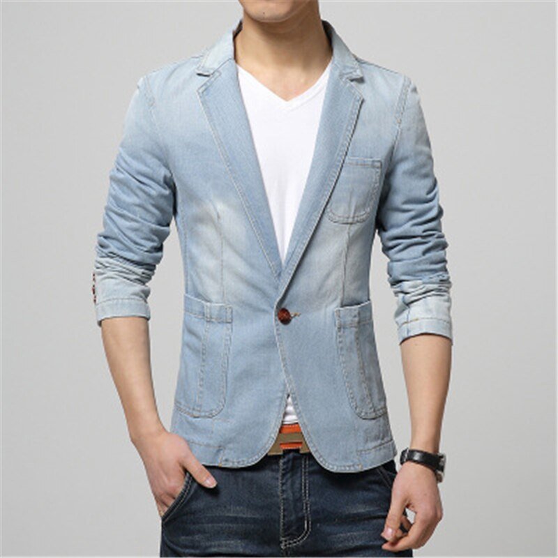 Denim blazer men blazer jeans slim fit Cowboy coats Leisure mens suit jean jacket Men casual coat one button New 2020