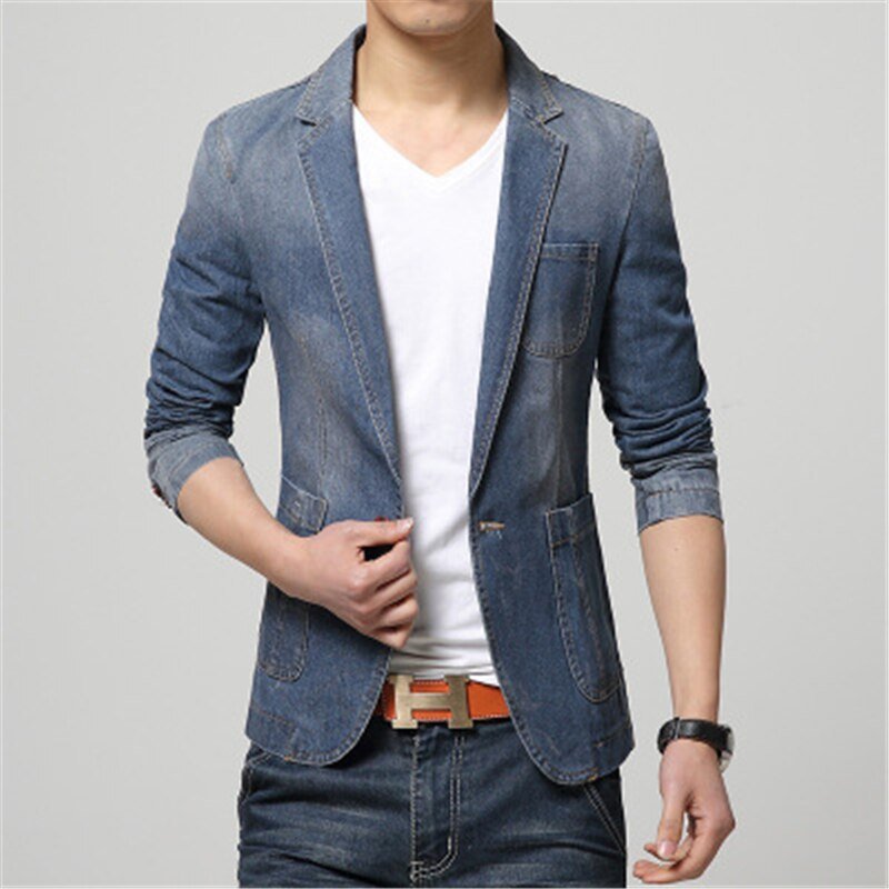 Denim blazer men blazer jeans slim fit Cowboy coats Leisure mens suit jean jacket Men casual coat one button New 2020