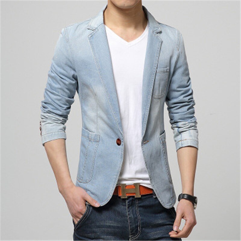 Denim blazer men blazer jeans slim fit Cowboy coats Leisure mens suit jean jacket Men casual coat one button New 2020