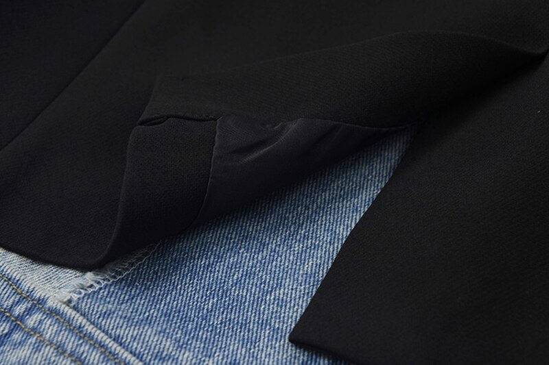 [EAM]  Women Black Denim Stitch Temperament Blazer New Lapel Long Sleeve Loose Fit  Jacket Fashion Tide Spring Autumn 2020 1Z708