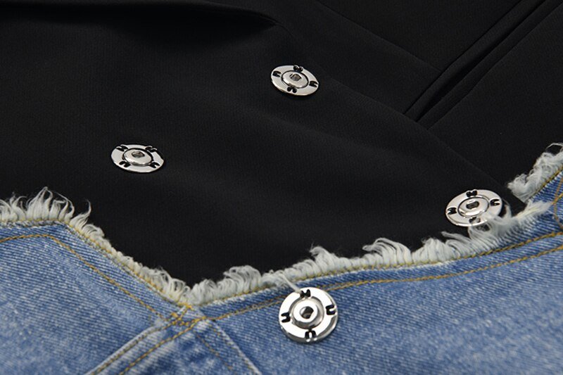 [EAM]  Women Black Denim Stitch Temperament Blazer New Lapel Long Sleeve Loose Fit  Jacket Fashion Tide Spring Autumn 2020 1Z708