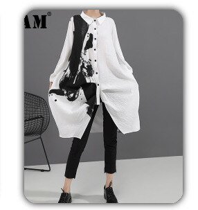 [EAM]  Women Black Denim Stitch Temperament Blazer New Lapel Long Sleeve Loose Fit  Jacket Fashion Tide Spring Autumn 2020 1Z708