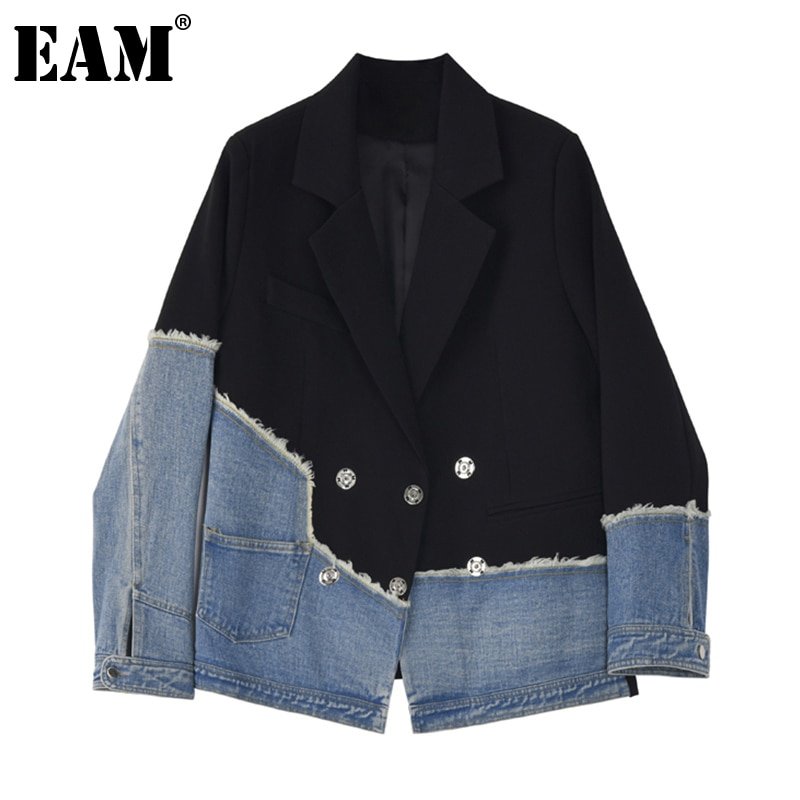 [EAM]  Women Black Denim Stitch Temperament Blazer New Lapel Long Sleeve Loose Fit  Jacket Fashion Tide Spring Autumn 2020 1Z708