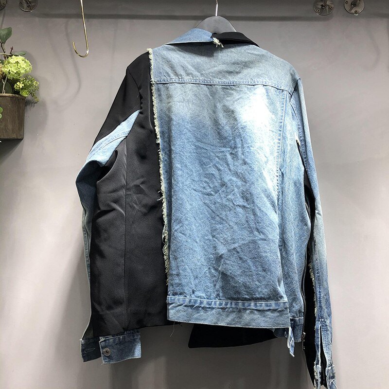 [EWQ] 2020 Autumn Winter New Long-sleeved Stitching Trend Ladies Plus Size Denim Jacket Streetwear Oversize Design Coats Black