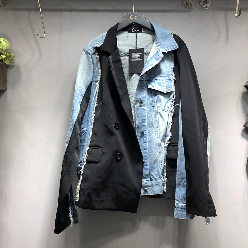 [EWQ] 2020 Autumn Winter New Long-sleeved Stitching Trend Ladies Plus Size Denim Jacket Streetwear Oversize Design Coats Black