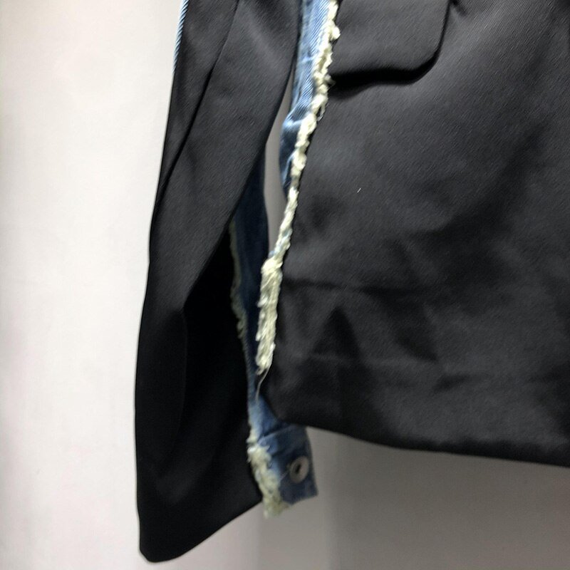 [EWQ] 2020 Autumn Winter New Long-sleeved Stitching Trend Ladies Plus Size Denim Jacket Streetwear Oversize Design Coats Black