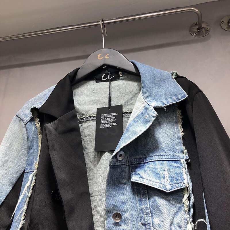 [EWQ] 2020 Autumn Winter New Long-sleeved Stitching Trend Ladies Plus Size Denim Jacket Streetwear Oversize Design Coats Black
