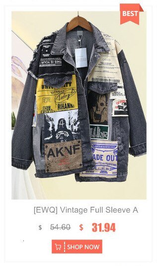 [EWQ] 2020 Autumn Winter New Long-sleeved Stitching Trend Ladies Plus Size Denim Jacket Streetwear Oversize Design Coats Black