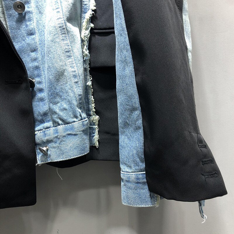 [EWQ] 2020 Autumn Winter New Long-sleeved Stitching Trend Ladies Plus Size Denim Jacket Streetwear Oversize Design Coats Black