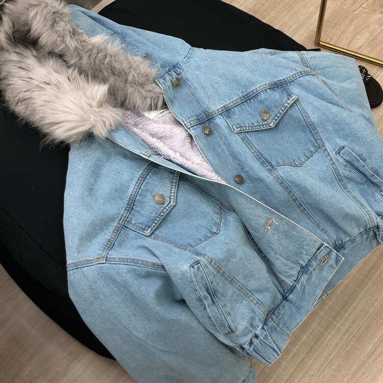 Thickened Fleece-lined Short Denim Jacket Women Artifical Fur Collar Hooded Chaqueta Mujer Veste Femme Winter Warm Coat