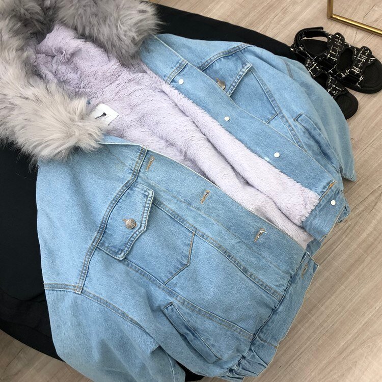 Thickened Fleece-lined Short Denim Jacket Women Artifical Fur Collar Hooded Chaqueta Mujer Veste Femme Winter Warm Coat