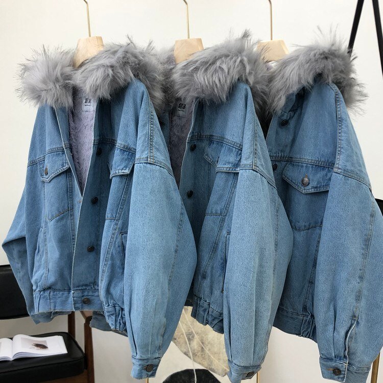 Thickened Fleece-lined Short Denim Jacket Women Artifical Fur Collar Hooded Chaqueta Mujer Veste Femme Winter Warm Coat
