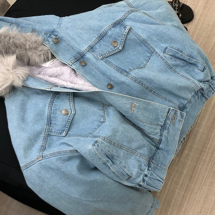 Thickened Fleece-lined Short Denim Jacket Women Artifical Fur Collar Hooded Chaqueta Mujer Veste Femme Winter Warm Coat