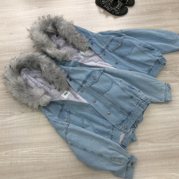 Thickened Fleece-lined Short Denim Jacket Women Artifical Fur Collar Hooded Chaqueta Mujer Veste Femme Winter Warm Coat