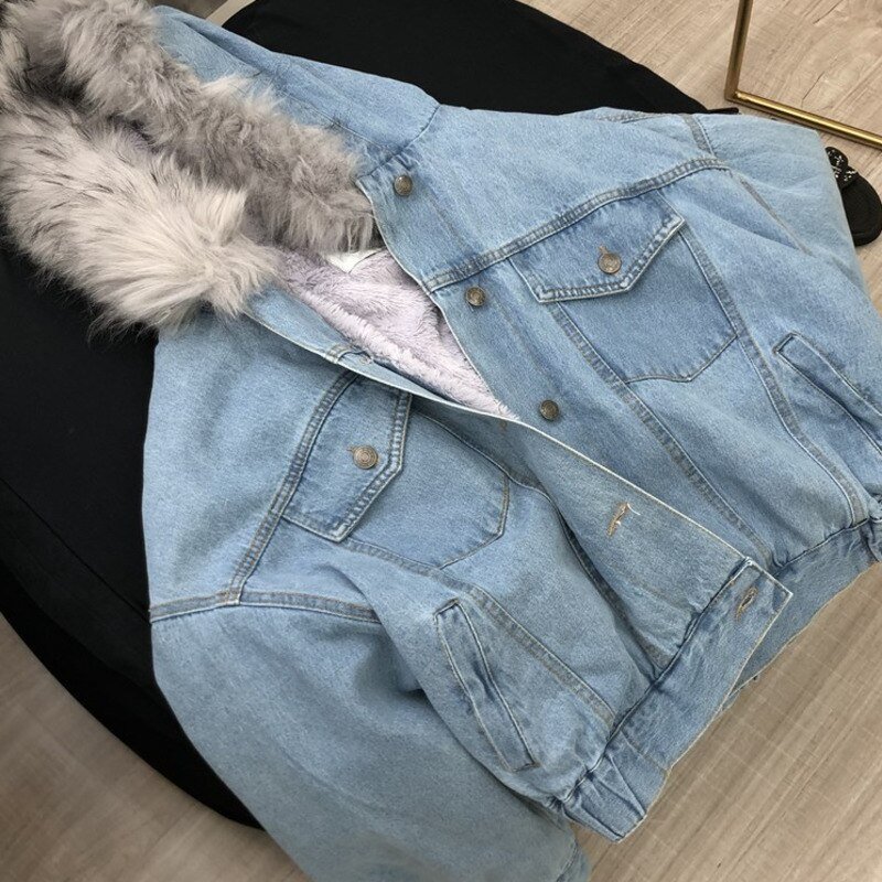 Thickened Fleece-lined Short Denim Jacket Women Artifical Fur Collar Hooded Chaqueta Mujer Veste Femme Winter Warm Coat
