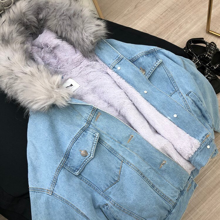 Thickened Fleece-lined Short Denim Jacket Women Artifical Fur Collar Hooded Chaqueta Mujer Veste Femme Winter Warm Coat