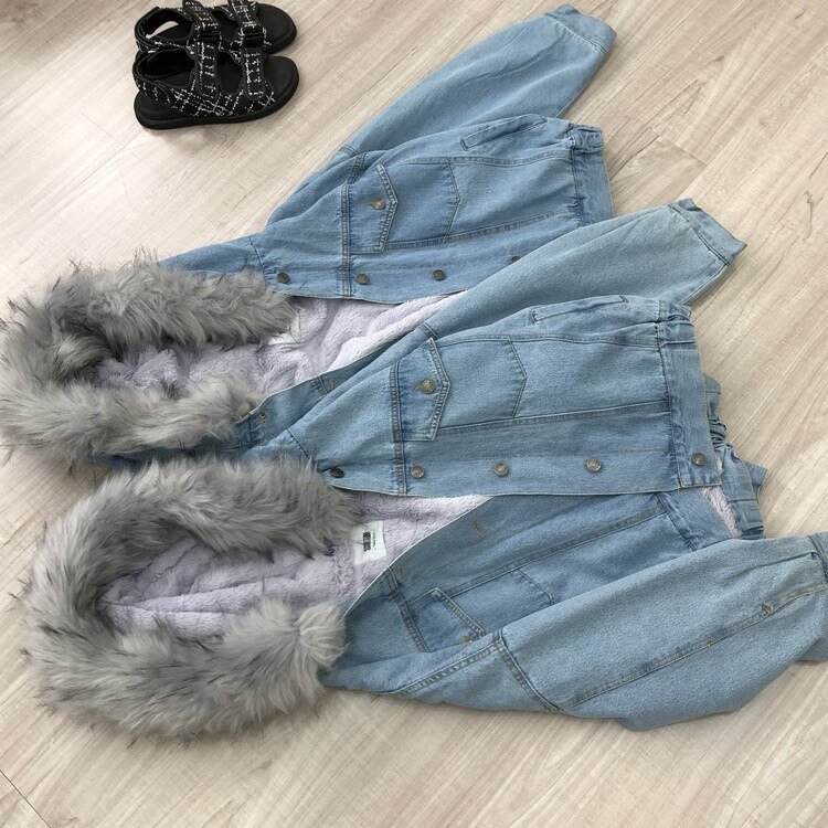Thickened Fleece-lined Short Denim Jacket Women Artifical Fur Collar Hooded Chaqueta Mujer Veste Femme Winter Warm Coat